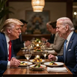 donald Trump and joe Biden having dinner at a fancy Balinese restaurant, award winning photography, 85mm, perfect faces