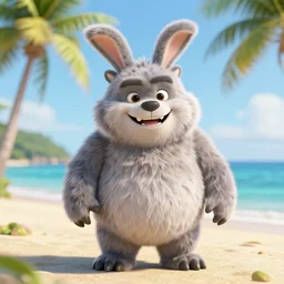 an adorable fierce furry chubby monster with long floppy rabbit ears teddy bear body and wolf legs, Smiling at the camera with a mischievous grin, happy lighting, at a tropical beach