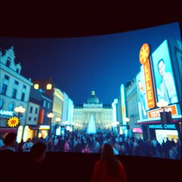 3 d 🐐 popping out of curved screen, town square, volumetric lighting, bokeh, creterion collection, shot on 7 0 mm, instax