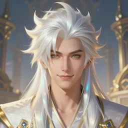 portrait of a man with strange hairs, soft smile, final fantasy, league of legends champion, strong iridescent light, by chengwei pan and sakimichan and greg rutkowski and alphonse mucha, gradient white to gold, in front of a magical building background, highly detailed portrait, digital painting, smooth, focus illustration