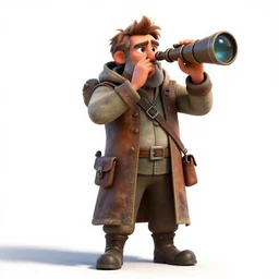 battle-worn astronomer with telescope, stylized pixar-style 3d render, full body, standing, isolated on a pure white background, centered, whole figure in frame, sharp focus, studio lighting