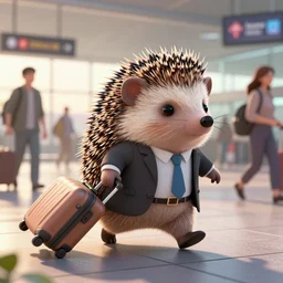 hedgehog! dressed like a businessman is dragging a trolley suitcase in a busy airport, early morning hours, long shadows, extremely detailed, fantasy illustration, photoeralistic, 3 d, colorful, funny and cute