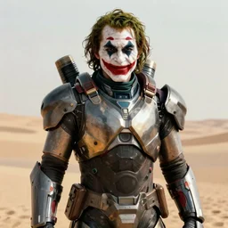 cinematic portrait of the joker wearing t - 5 1 b power armor in the desert, 8 k, very detailed, very intricate,