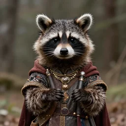 a whimsical raccoon wearing midevil clothing by Justin Gerard