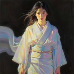 painting of a beautiful woman in flowing translucent kimono drawn with only vertical lines