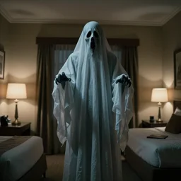 a still shot of a scary male ghost in a hotel room, horror