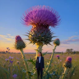 giant thistle flower head, girl in a suit in field of flowers, surreal photography, sunrise, blue sky, dramatic light, impressionist painting, digital painting, artstation, simon stalenhag