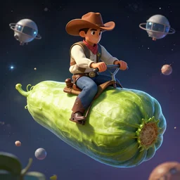 Android cowboy riding a giant vegetable in outer space, volumetric lighting, digital painting, artstation, very detailed, hyperrealistic