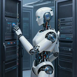 detailed futuristic robot at the big data center, pressed button on server rack. intricate, elegant, highly detailed, centered, digital painting, artstation, concept art, smooth, sharp focus, illustration, artgerm, tomasz alen kopera, peter mohrbacher, donato giancola, joseph christian leyendecker, wlop, boris vallejo