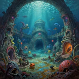 Colorful, creepy landscape painting of detailed interior of giant underwater marine theme park LeMU, Erste Boden, completely flooded, destroyed, submerged, ruined, wrecked