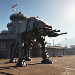 two legged at - at armed with cannons, parked in front of a command station, gta v, stephen bliss, unreal engine, fantasy art, greg rutkowski, loish, rhads, ferdinand knab, makoto shinkai, lois van baarle, ilya kuvshinov, rossdraws, tom bagshaw, global illumination, radiant light, detailed and intricate
