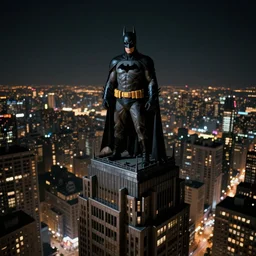 Tim burtons batman on top of skyscraper at night time in the style of Klemens Franz