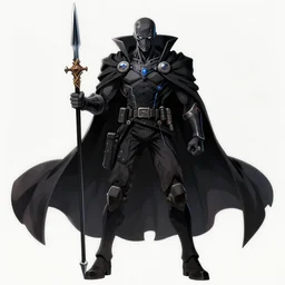 a cyberpunk giant, menacing, spear, wearing a cloak, full body view, front shot, anime art, highly detailed