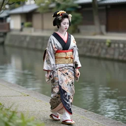 photo of a beautiful female geisha walking next to a river