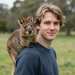 youthful Jordan Peterson with a quokka on his shoulder, quokka is happy to be with Peterson, f/22, 35mm photo