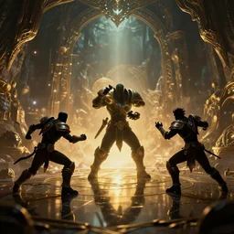almost silhouette of 5 dota fantasy characters fight with magic in big cave, action scene, lumen reflections, sharpened, insanely detailed and intricate, hypermaximalist, elegant, ornate, hyper realistic, super detailed, digital art, bokeh blur