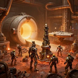 a bulbous the matrix nebuchadnezzar biomechanical gieger, steampunk, iron smelting pits, high tech industrial and maschinen krieger, warm saturated colours, mri machine millennium falcon space-station Vuutun Palaa with massive piping inspired by a nuclear reactor submarine, ilm, beeple, star citizen halo, mass effect, starship troopers, elysium