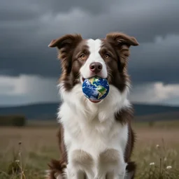 Surrealistic digital art of a white and brown Border Collie dog with the Earth on his mouth