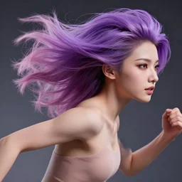 a award winning action upper body portrait of a beautiful woman with a ombre purple pink hairstyle with head in motion and hair flying, outrun, vaporware, highly detailed, fine detail, intricate