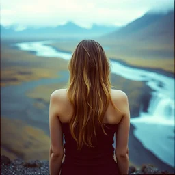 kodak color plus 2 0 0 photograph of a skinny women looking at beautiful iceland scenery, back view, vaporwave colors, grain, moody lighting, moody aesthetic,