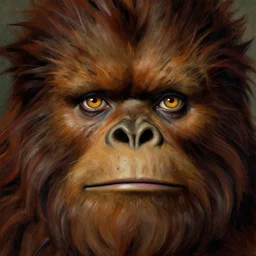 a closer personal portrait of bigfoot with very piercing eyes, very charismatic. in the old west. masterpiece, dark. painted by norman rockwell and james gurney