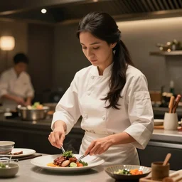 portrait of an attractive female chef ( with very long dark hair tied in a ponytail ) cooking a meal in the style of studio ghibli, ( ( wholesome, ) ) blurry background of the kitchen of a highend restaurant, bloom, medium shot, waist up, dramatic lighting, j. c. leyendecker, greg rutkowski, artgerm