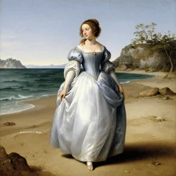princess walking by the beach in the style of a renaissance painting