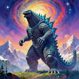 godzilla!!! in front of altai mountains by nicolas roerich, 8 k, super detailed, digital art, digital painting, celestial, majestic, colorful, in wes anderson style