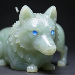 a jade sculpture of a wolf with glowing blue eyes, photorealistic.