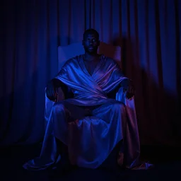Large black man sitting on throne wrapped in silk, background made of large folding curtains, dimly lit, dark, blacklight photography