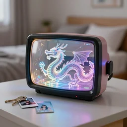 curved transparent 3 dtv dragon, volumetric lighting, bedroom, visor, users, pair of keycards on table, bokeh, creterion collection, shot on 7 0 mm, instax
