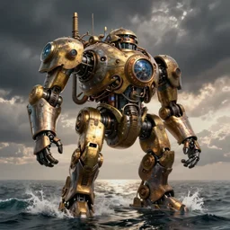 A huge steampunk mech over the ocean, by greg rutkowski