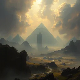 artstation, mystical landscape, cinematic lighting, mysterious pyramids, digital painting, alphonse mucha, illustration, concept art, cgsociety, sharp focus, art by greg rutkowski, highly detailed, ancient civilization