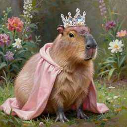 anatomically correct capybara wearing a light pink cape and a crystal crown in a beautiful flower garden, highly detailed oil painting