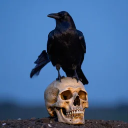 raven sitting on skull, photography by frans lanting, blue hour