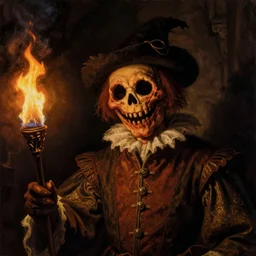a close - up renaissance portrait of a dark halloween scarecrow grinning. torchlit, fire. highly detailed horror painting by norman rockwell, frank frazetta, and moebius. gloomy dark environment, dark background. sci - fi renaissance masterpiece