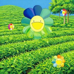 A painting of a tea garden in the style of Takashi Murakami