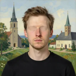 a portrait of a male character, noseless, no nose, without a nose, missing his nose in a scenic environment by Ross Tran and by Jesper Ejsing and by Mikalojus Konstantinas Ciurlionis