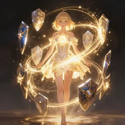 a cute girl with short blonde hair, with many detailed shields of magical light orbiting in circles around her body, full body shot, fantasy anime, dramatic lighting