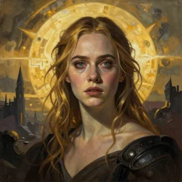 Elle Fanning in the painted world of Dark Souls, head and shoulders masterpiece, apocalypse, golden hour, cosmic horror, artstation, in the style of Cubism, extremely detailed