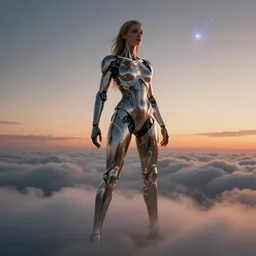 biblical beautiful female android assasin, bright glowing veins, in clouds, sunset, supernova, fashion posing, by gerald brom, by mikhail vrubel, by peter elson, muted colors, extreme detail, reflections, trending on artstation, 8 k