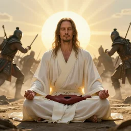 cinematic artwork of russell brand in a robe meditating while warriors fight in a battle by greg rutowski, 4 k, sun rays, masterpiece