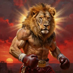 muscular lion as a boxer champion with boxing gloves  , full human hairy body , strong cinematic sun backlight sunrays  body , extreme very textured detailed vertical portrait oil painting by rembrandt, sunset in far background , dramatic clouds and red atmosphere