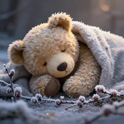 a teddy bear fast asleep covered in a blanket of frosty sticky buds beautiful cinematic light deep focus, elegant, digital painting, smooth, sharp focus, golden ratio, dramatic illumination, ultra realistic, 4 k, art by greg rutkowski wlop rossdraws artstation pixiv