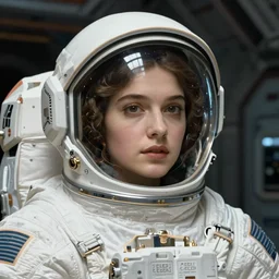 asthetic!   astronaut  with helmet medium shot portrait  female beautifu in spaceship, by William-Adolphe Bouguereau.