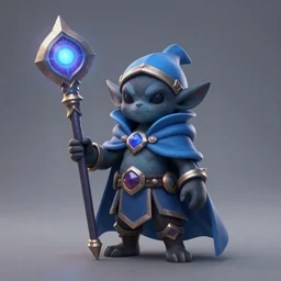 Veigar from League of Legends, a small yordle, wearing blue cloak, magical staff, dark face