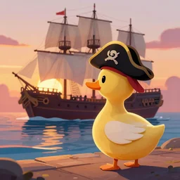 a duck wearing a pirate hat looking at the sunset from a pirate ship, digital art