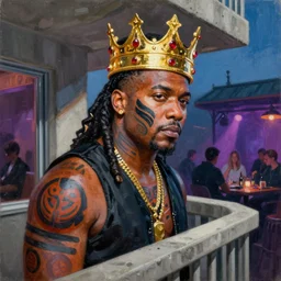 palette knife oil painting portrait of nas, a king - with gold crown with rubies, man in mafia wear and australian aboriginal body paint, concrete balcony, nightclub, artstation trending, artgerm, any racial background, deviant art, hipster, octane, substance, art history 8 k