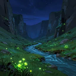 concept art by jama jurabaev, cel shaded, cinematic shot, trending on artstation, high quality, brush stroke, vibrant colors, under the silent night sky, mysterious canyon streams, lawns, fluorescent spots, luminous flowers, and lonely atmosphere
