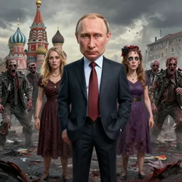 portrait of ( ( ( vladimir putin ) ) ) in long paints in apocalyptic moscow ( with his zombie army ), hyperrealistic, digital concept art, sharp focus, caricature illustration,, art by josephine wall, art by huang guangjian, art by viktoria gavrilenko, art by amanda sage, art by greg rutkowski trending on artstation